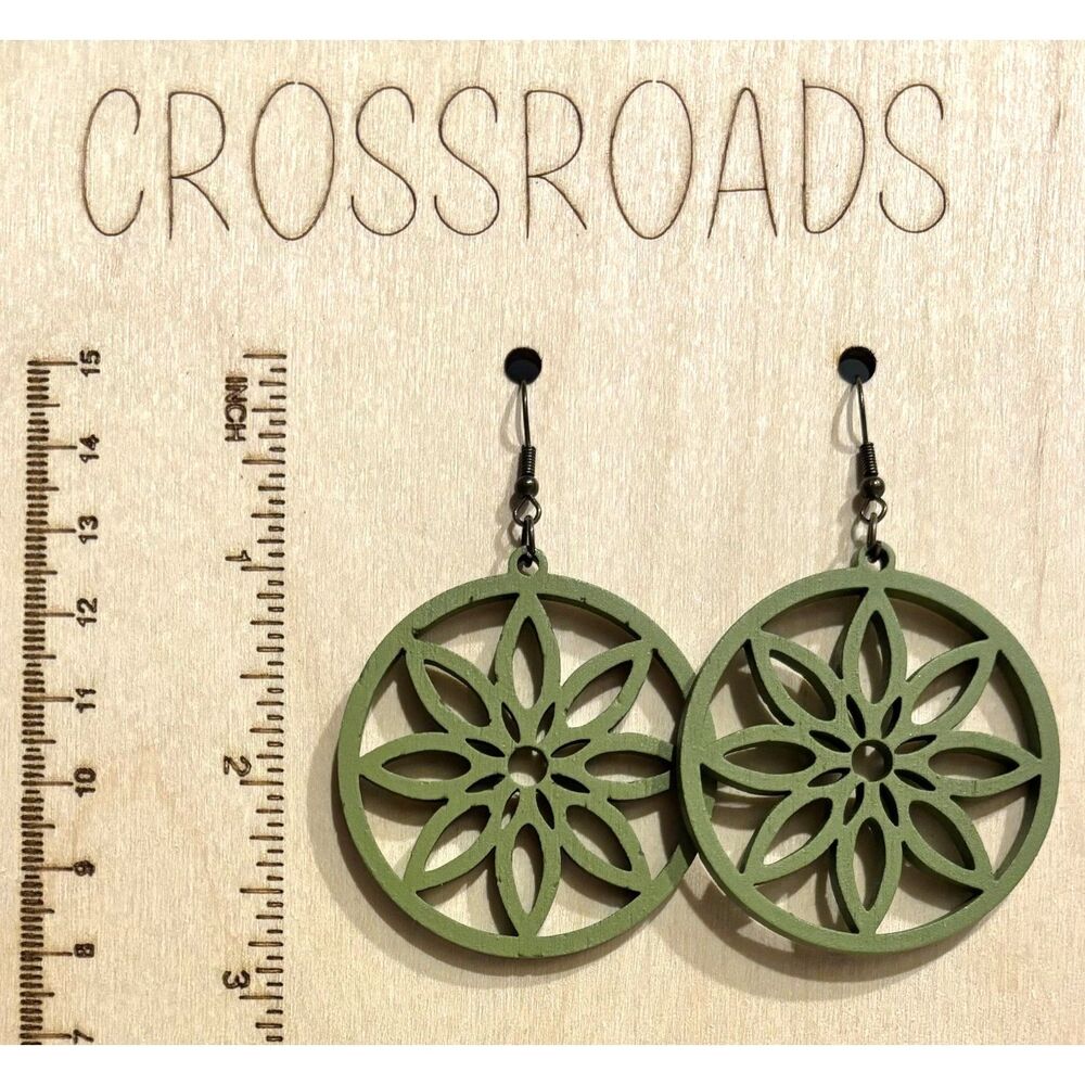 Wood Earrings - 1.87" x 1.75" Circle Flower - Eden - E105-15